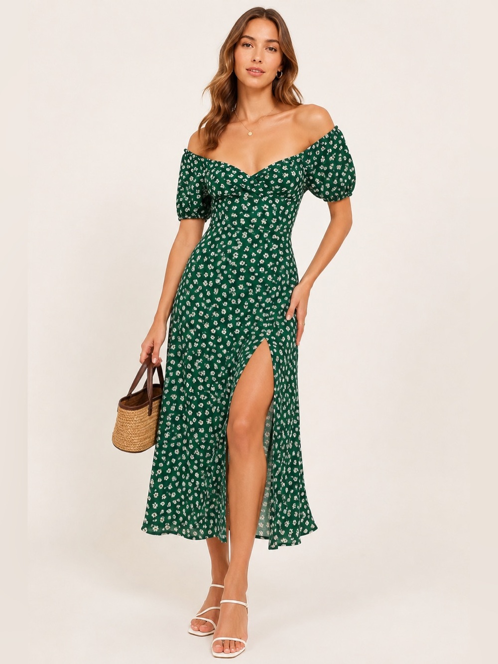 Reformation Pearl Chive Off the Shoulder Dress Green white floral Size 2